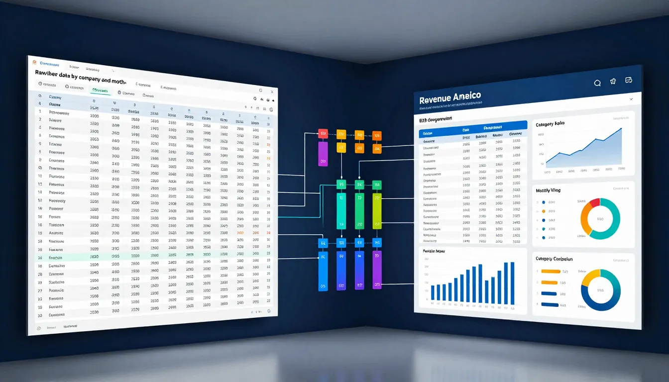 Dati di vendita grezzi per azienda e mese elaborati in una dashboard commerciale con tabelle e grafici