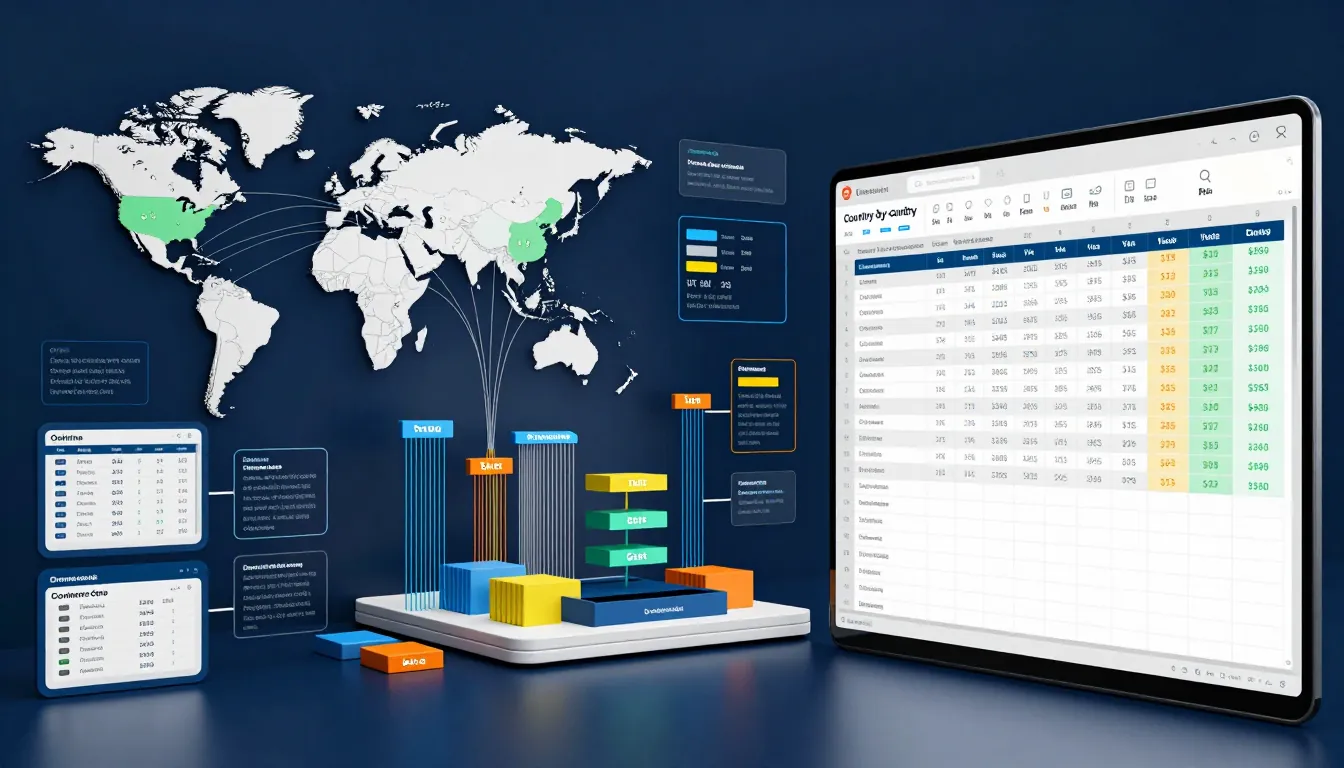 Mappa del mondo con i dati di vendita di un e-commerce internazionale raccolti in un unico file strutturato per Paese
