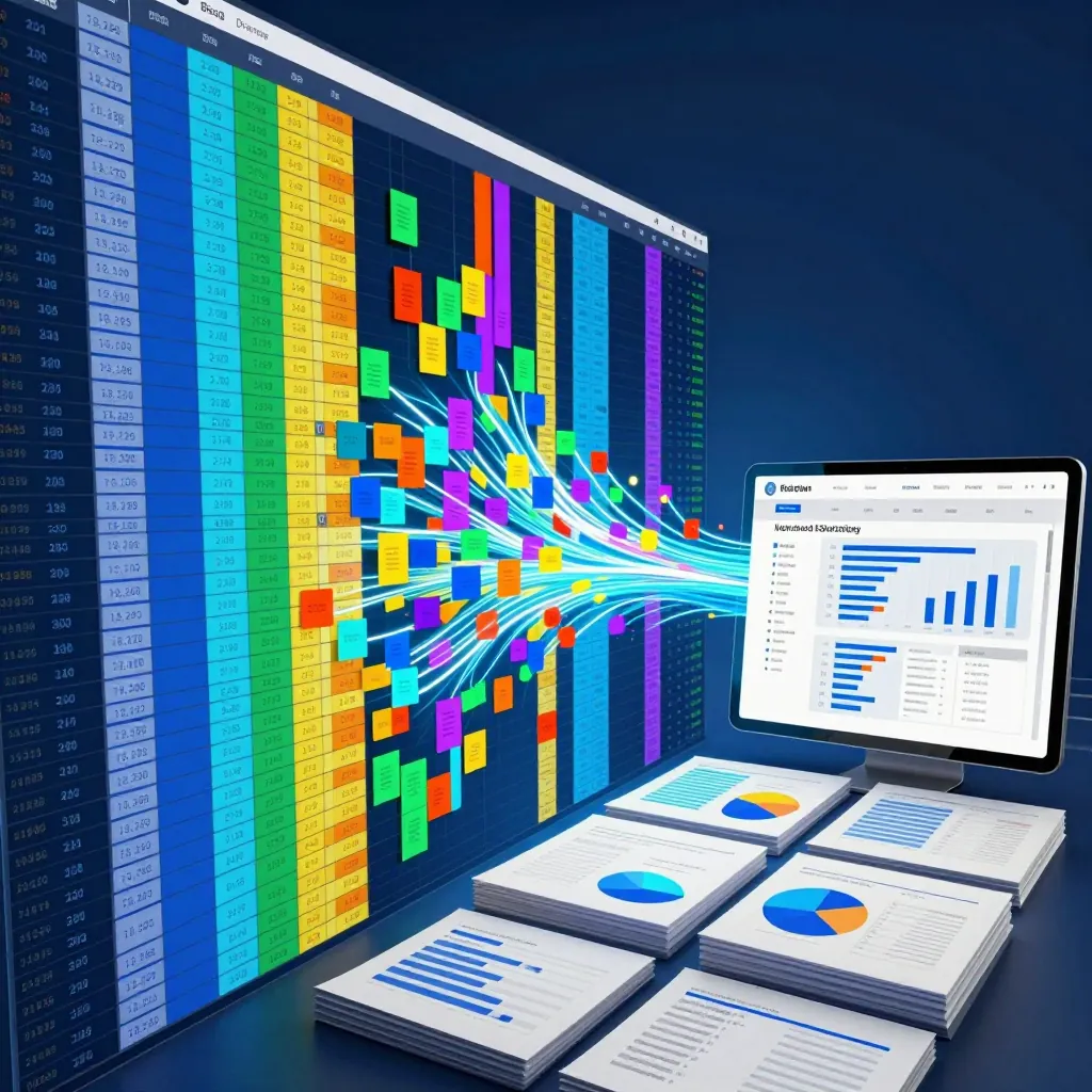 Colonne di dati di un foglio di calcolo che si riordinano in dashboard e report stampati