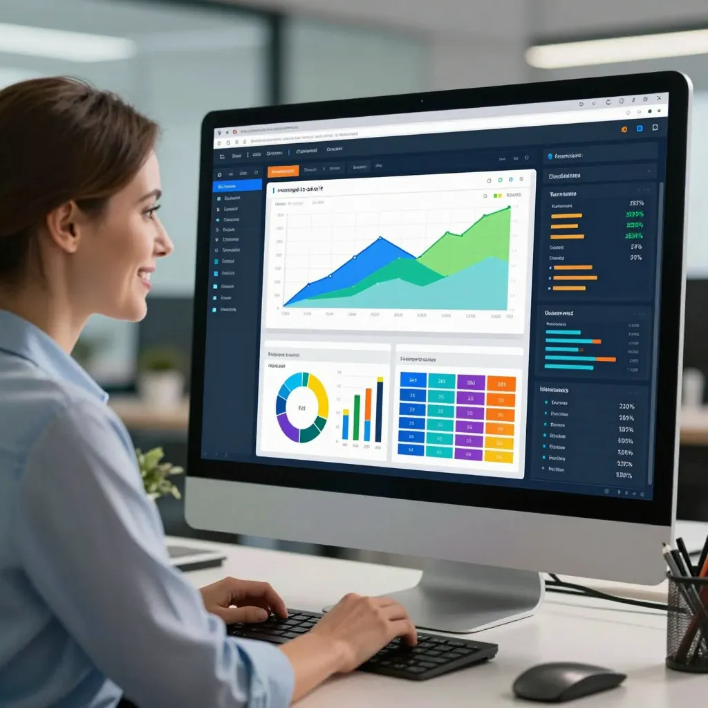 La stessa professionista serena davanti a una dashboard con grafici e dati aggregati