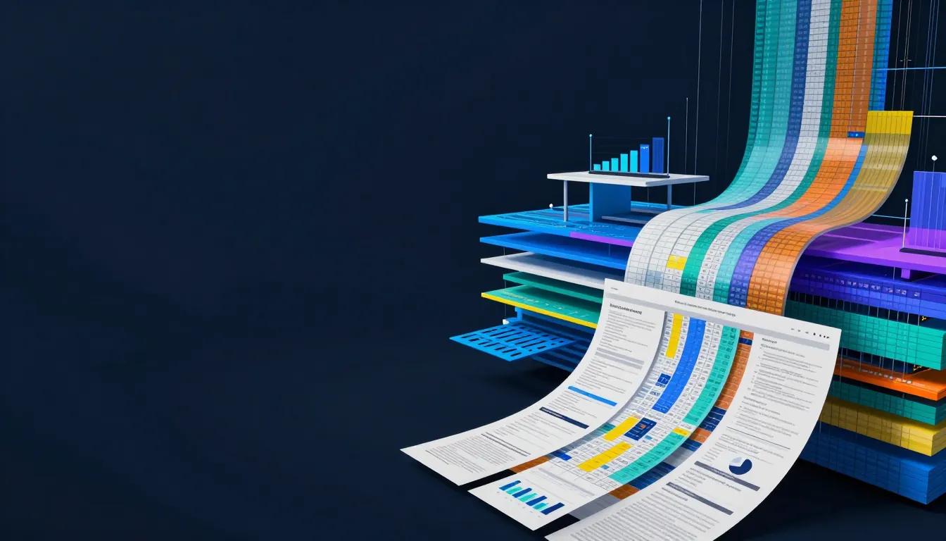 Fogli Excel e tabelle di dati che confluiscono in report e documenti ordinati