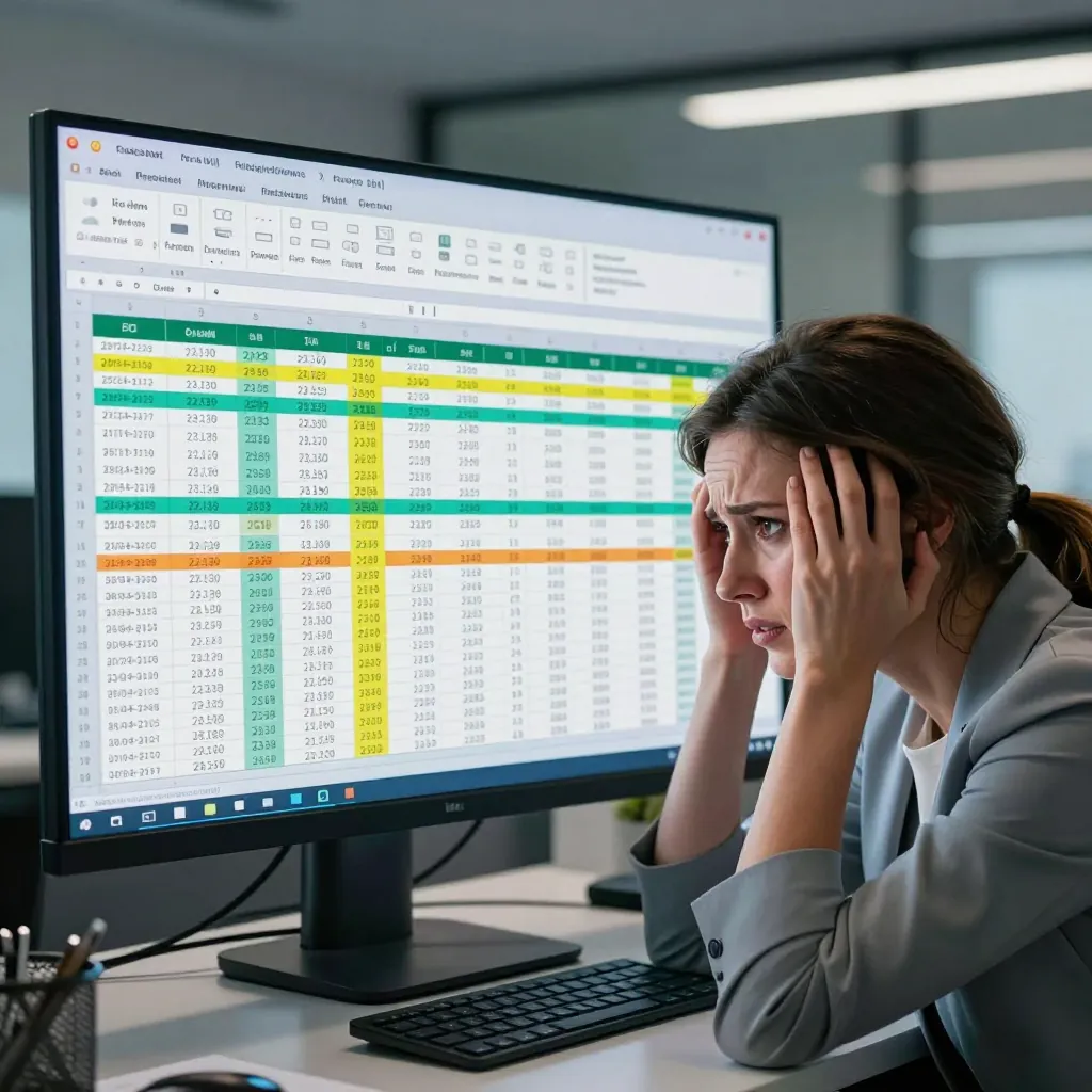 Professionista in ufficio preoccupata davanti a un grande foglio Excel con migliaia di righe