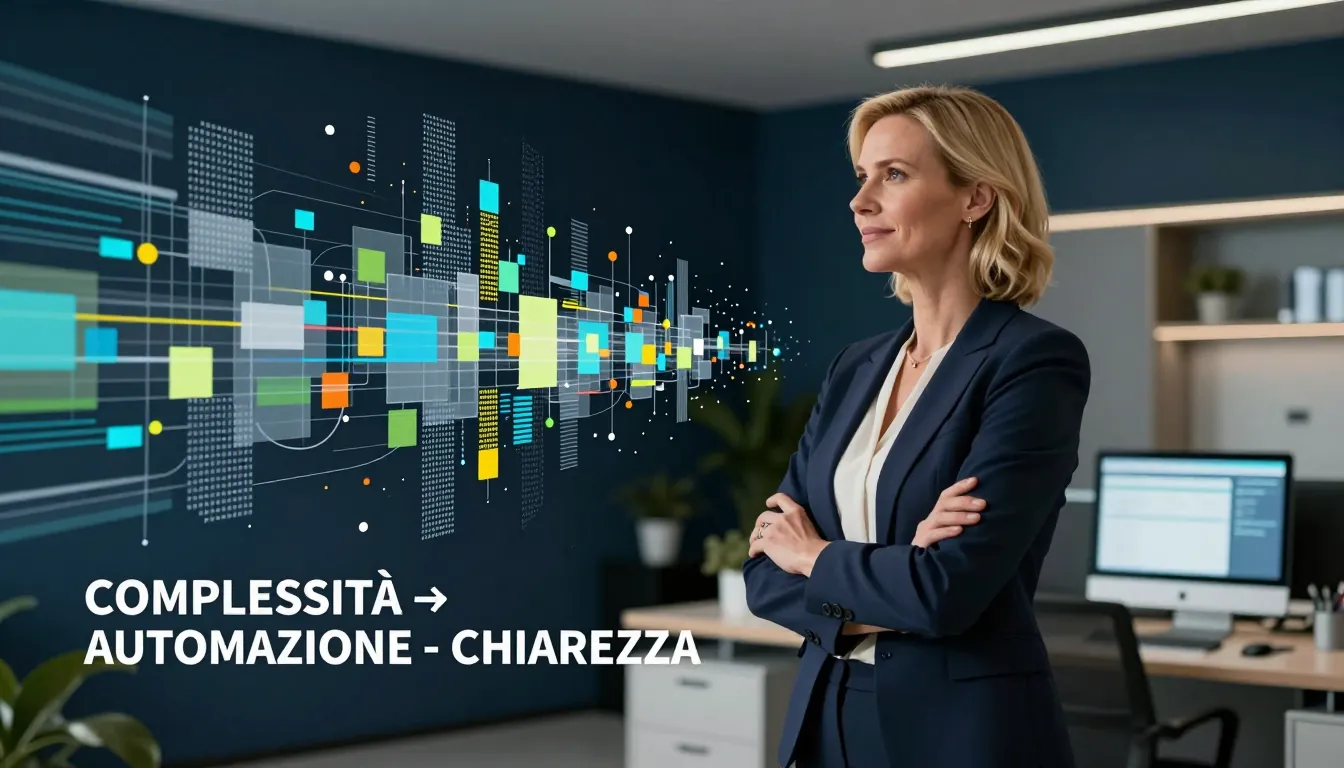 Una professionista in ufficio osserva un flusso di dati complessi che diventa ordinato: complessità, automazione, chiarezza