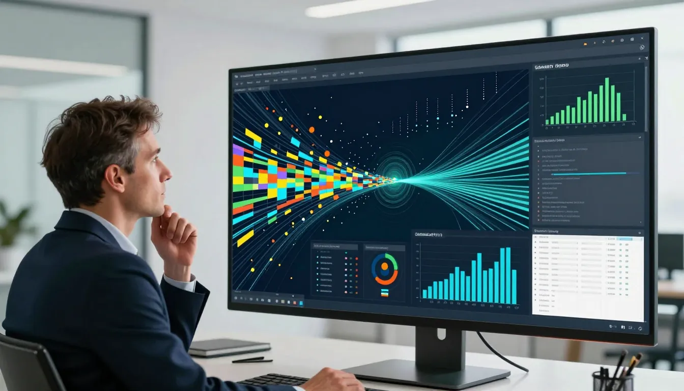 Un professionista riflette davanti a un monitor in cui dati sparsi convergono in grafici e tabelle ordinate
